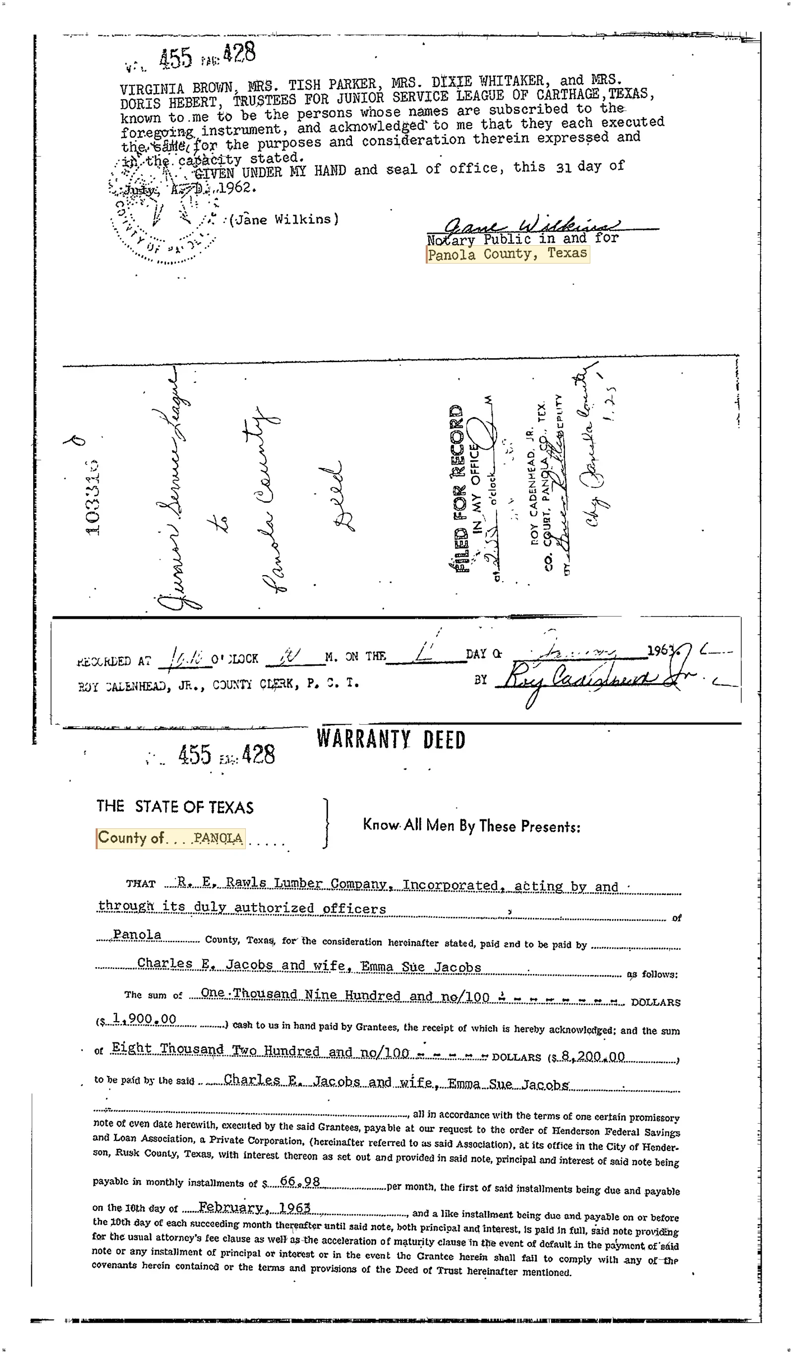 Rawls R E Lumber Company Inc. - Recorded Warranty Deed (Vol. 455, Page 428)