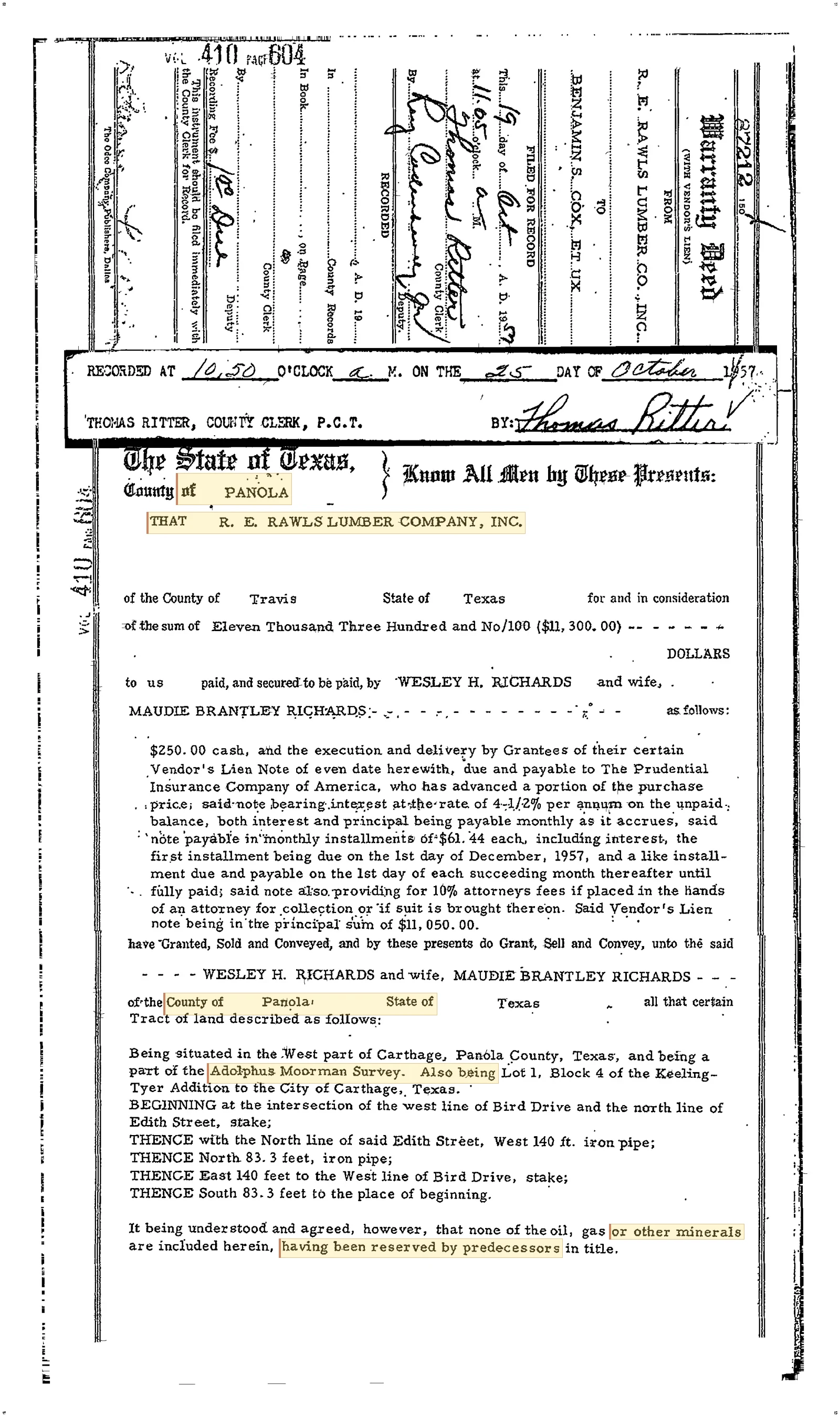 Rawls R E Lumber Company Inc. - Recorded Warranty Deed (Vol. 410, Page 604)