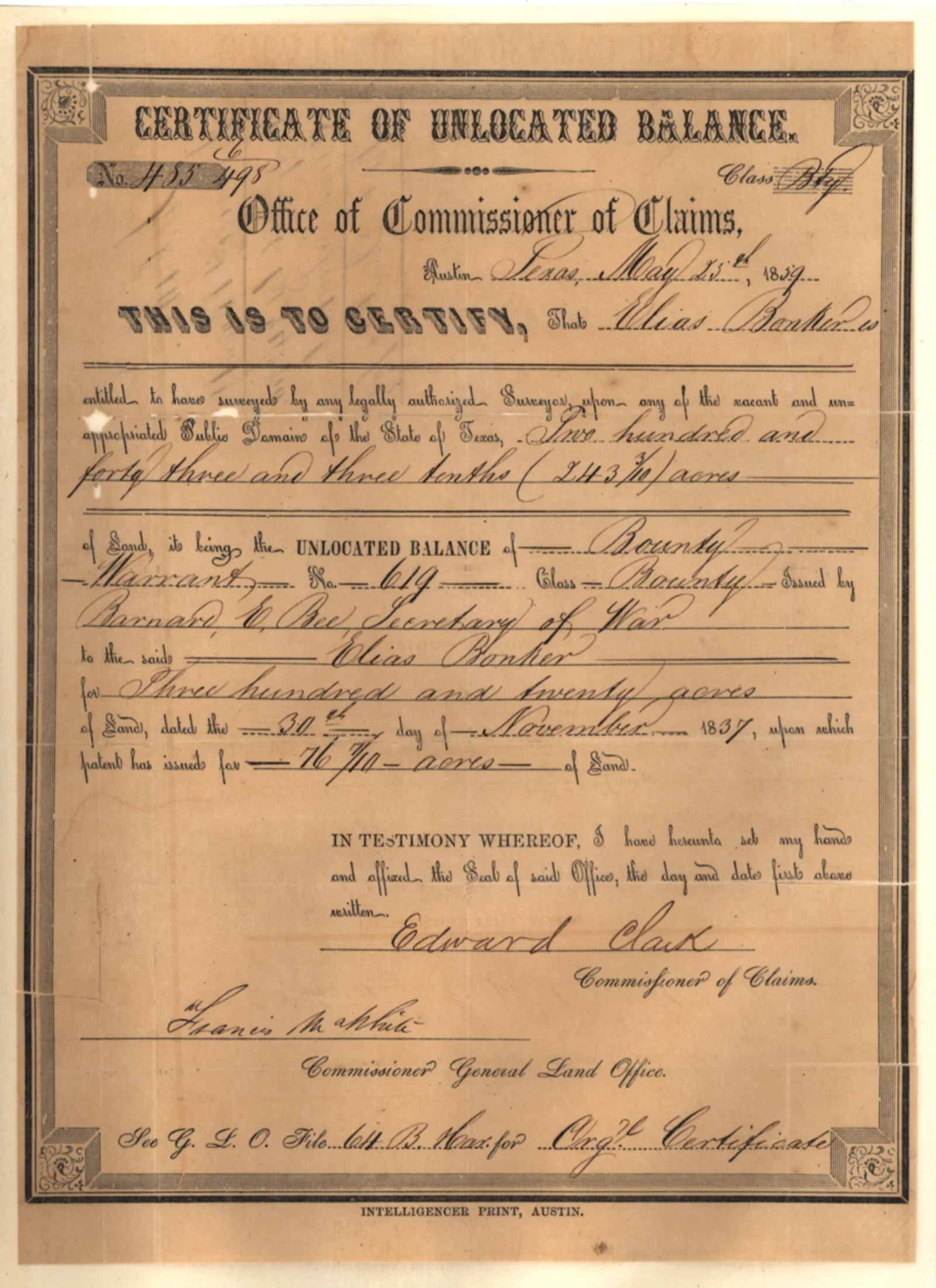 Bonker, Elias Original Cursive Land Grant & Field Notes (Panola County, Abstract A-103)